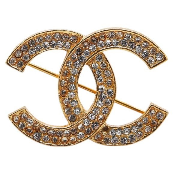 Chanel Coco Mark Rhinestone Brooch, Gold Plated, Women's, CHANEL - Picture 1 of 5